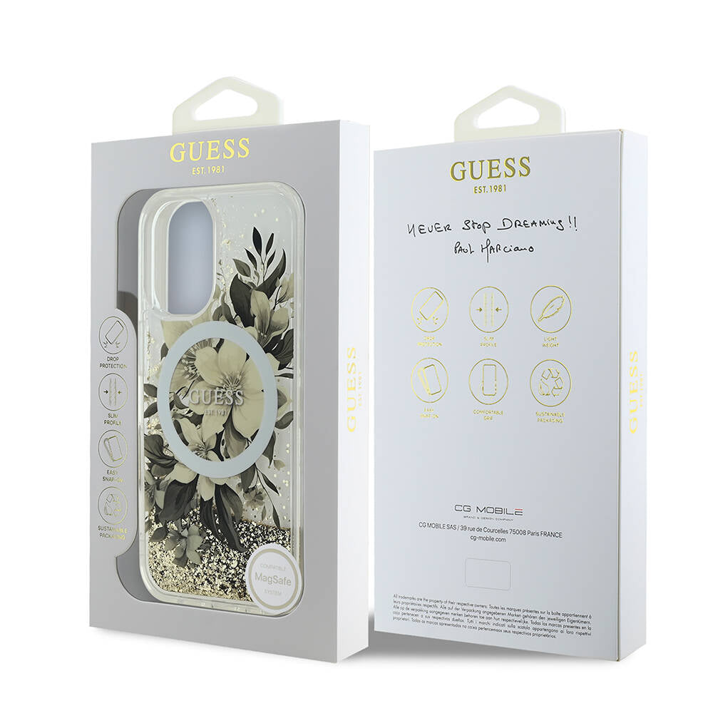 iPhone 16 Kılıf Guess Orjinal Lisanslı M-safe Şarj Özellikli Sıvılı Simli Çiçek Desenli Kapak