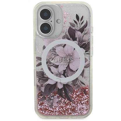 iPhone 16 Kılıf Guess Orjinal Lisanslı M-safe Şarj Özellikli Sıvılı Simli Çiçek Desenli Kapak