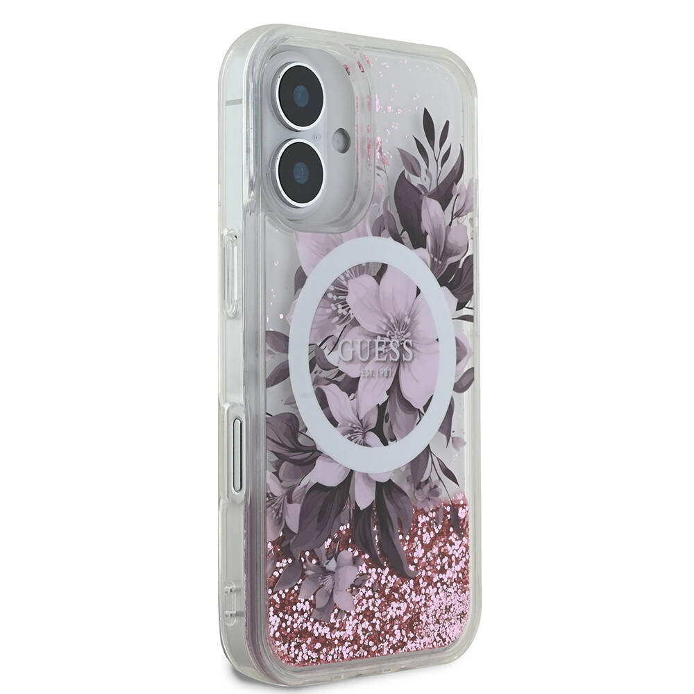 iPhone 16 Kılıf Guess Orjinal Lisanslı M-safe Şarj Özellikli Sıvılı Simli Çiçek Desenli Kapak