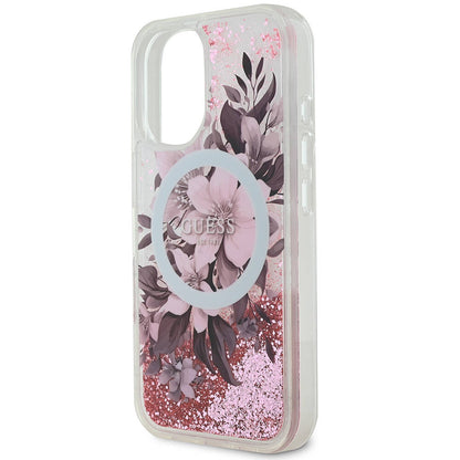 iPhone 16 Kılıf Guess Orjinal Lisanslı M-safe Şarj Özellikli Sıvılı Simli Çiçek Desenli Kapak