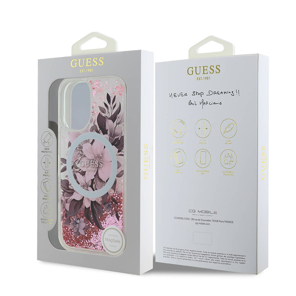 iPhone 16 Kılıf Guess Orjinal Lisanslı M-safe Şarj Özellikli Sıvılı Simli Çiçek Desenli Kapak