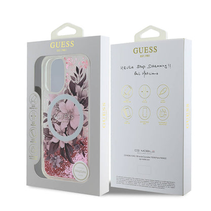 iPhone 16 Kılıf Guess Orjinal Lisanslı M-safe Şarj Özellikli Sıvılı Simli Çiçek Desenli Kapak