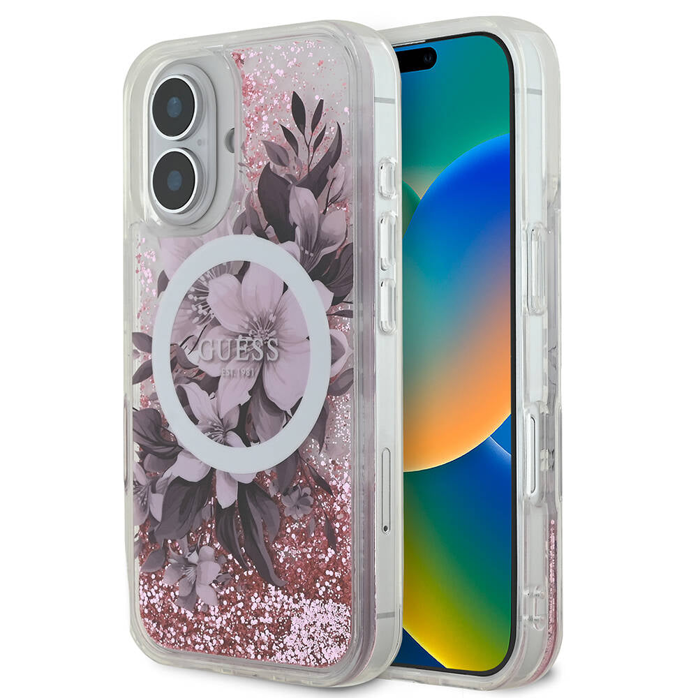 iPhone 16 Kılıf Guess Orjinal Lisanslı M-safe Şarj Özellikli Sıvılı Simli Çiçek Desenli Kapak