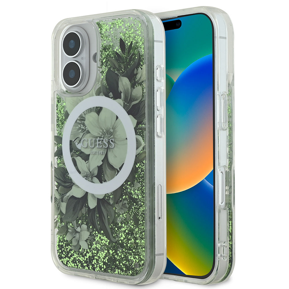 iPhone 16 Kılıf Guess Orjinal Lisanslı M-safe Şarj Özellikli Sıvılı Simli Çiçek Desenli Kapak
