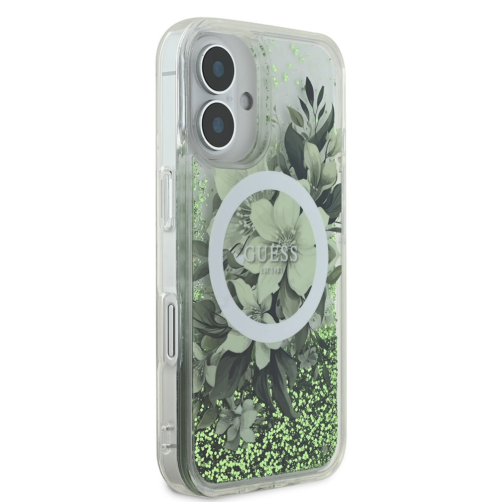 iPhone 16 Kılıf Guess Orjinal Lisanslı M-safe Şarj Özellikli Sıvılı Simli Çiçek Desenli Kapak