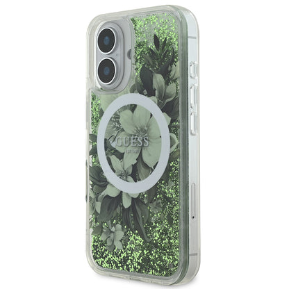 iPhone 16 Kılıf Guess Orjinal Lisanslı M-safe Şarj Özellikli Sıvılı Simli Çiçek Desenli Kapak