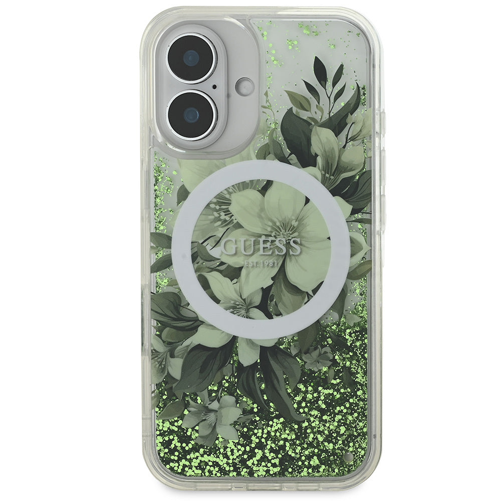 iPhone 16 Kılıf Guess Orjinal Lisanslı M-safe Şarj Özellikli Sıvılı Simli Çiçek Desenli Kapak