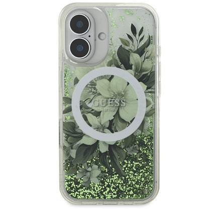 iPhone 16 Kılıf Guess Orjinal Lisanslı M-safe Şarj Özellikli Sıvılı Simli Çiçek Desenli Kapak