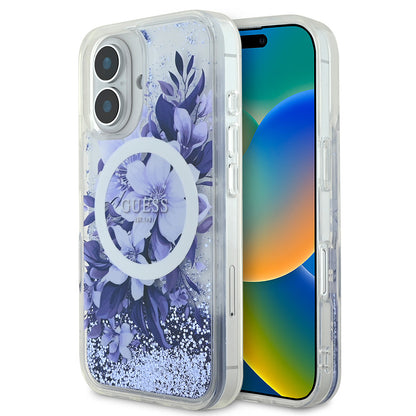 iPhone 16 Kılıf Guess Orjinal Lisanslı M-safe Şarj Özellikli Sıvılı Simli Çiçek Desenli Kapak