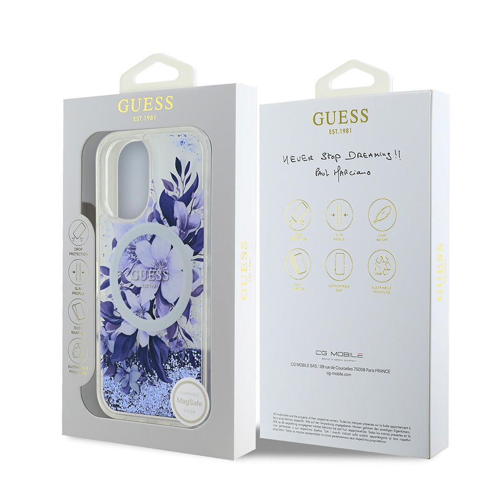 iPhone 16 Kılıf Guess Orjinal Lisanslı M-safe Şarj Özellikli Sıvılı Simli Çiçek Desenli Kapak