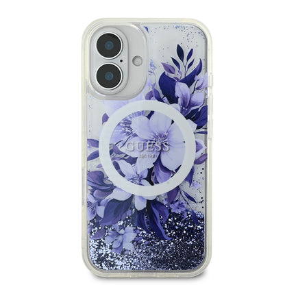 iPhone 16 Kılıf Guess Orjinal Lisanslı M-safe Şarj Özellikli Sıvılı Simli Çiçek Desenli Kapak
