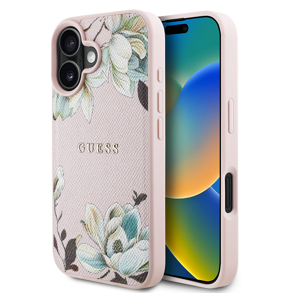 iPhone 16 Kılıf Guess Orjinal Lisanslı M-safe Şarj Özellikli Taneli Çiçek Tasarımlı Metal Yazı Logolu Kapak