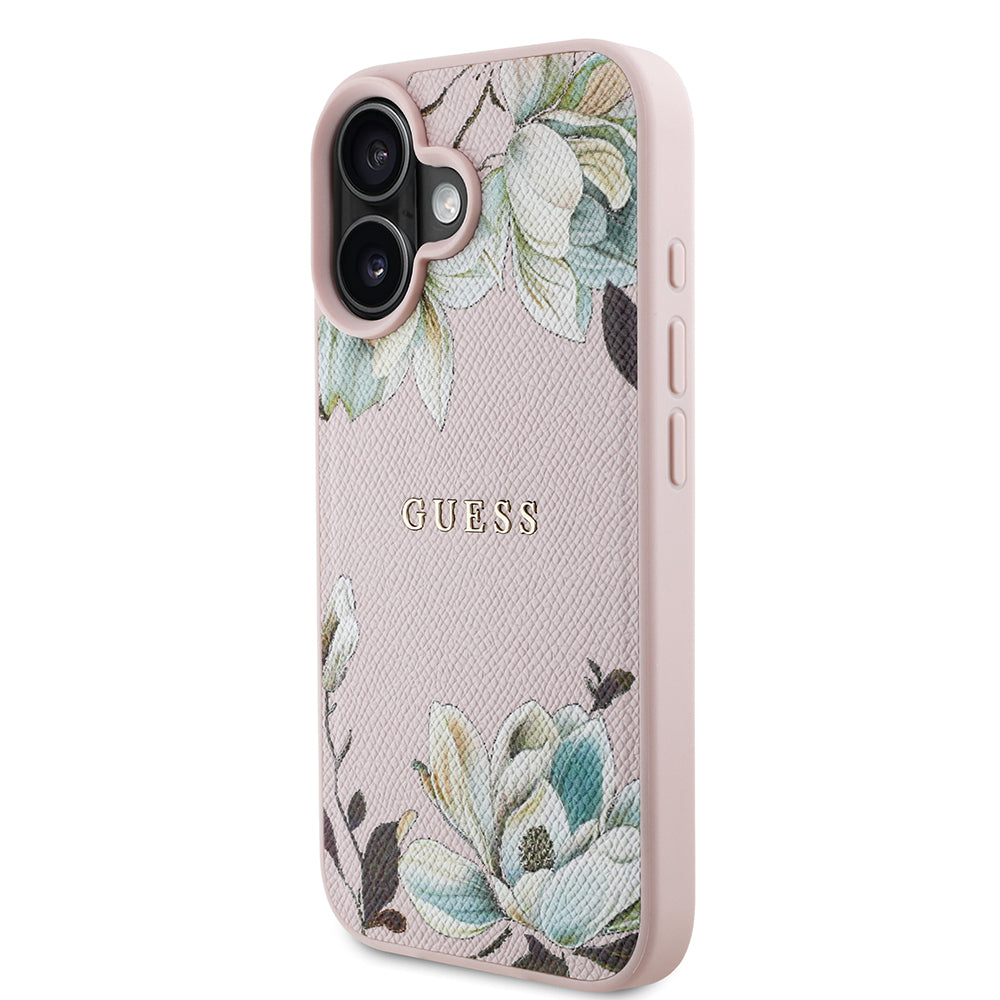 iPhone 16 Kılıf Guess Orjinal Lisanslı M-safe Şarj Özellikli Taneli Çiçek Tasarımlı Metal Yazı Logolu Kapak