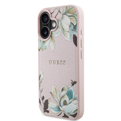 iPhone 16 Kılıf Guess Orjinal Lisanslı M-safe Şarj Özellikli Taneli Çiçek Tasarımlı Metal Yazı Logolu Kapak