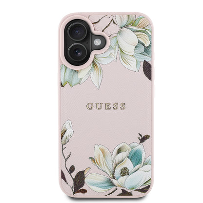 iPhone 16 Kılıf Guess Orjinal Lisanslı M-safe Şarj Özellikli Taneli Çiçek Tasarımlı Metal Yazı Logolu Kapak