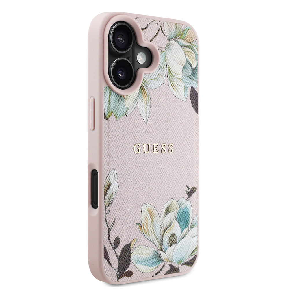 iPhone 16 Kılıf Guess Orjinal Lisanslı M-safe Şarj Özellikli Taneli Çiçek Tasarımlı Metal Yazı Logolu Kapak