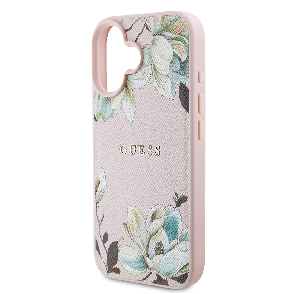 iPhone 16 Kılıf Guess Orjinal Lisanslı M-safe Şarj Özellikli Taneli Çiçek Tasarımlı Metal Yazı Logolu Kapak