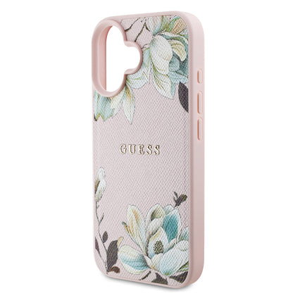 iPhone 16 Kılıf Guess Orjinal Lisanslı M-safe Şarj Özellikli Taneli Çiçek Tasarımlı Metal Yazı Logolu Kapak