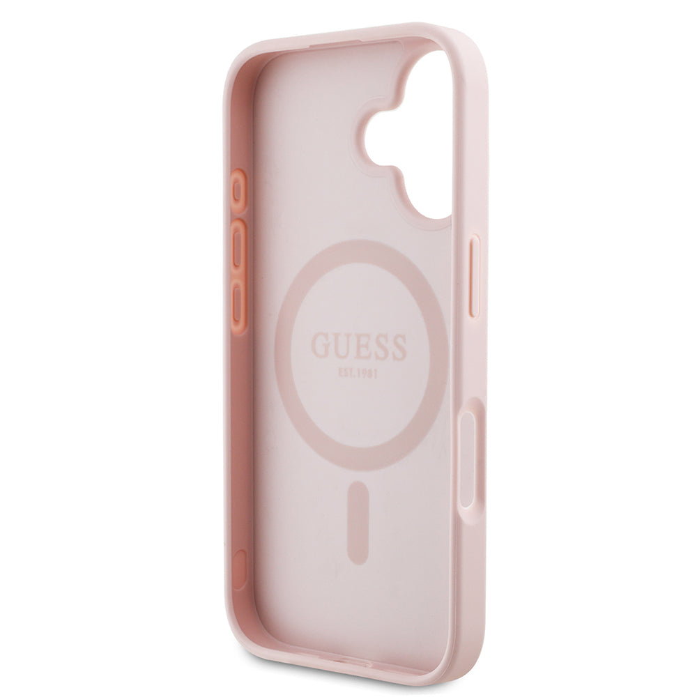 iPhone 16 Kılıf Guess Orjinal Lisanslı M-safe Şarj Özellikli Taneli Çiçek Tasarımlı Metal Yazı Logolu Kapak