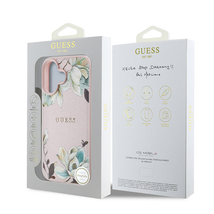 iPhone 16 Kılıf Guess Orjinal Lisanslı M-safe Şarj Özellikli Taneli Çiçek Tasarımlı Metal Yazı Logolu Kapak