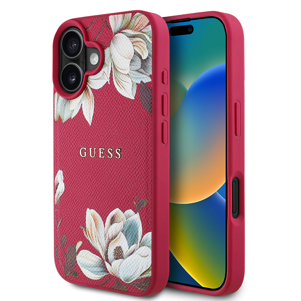 iPhone 16 Kılıf Guess Orjinal Lisanslı M-safe Şarj Özellikli Taneli Çiçek Tasarımlı Metal Yazı Logolu Kapak