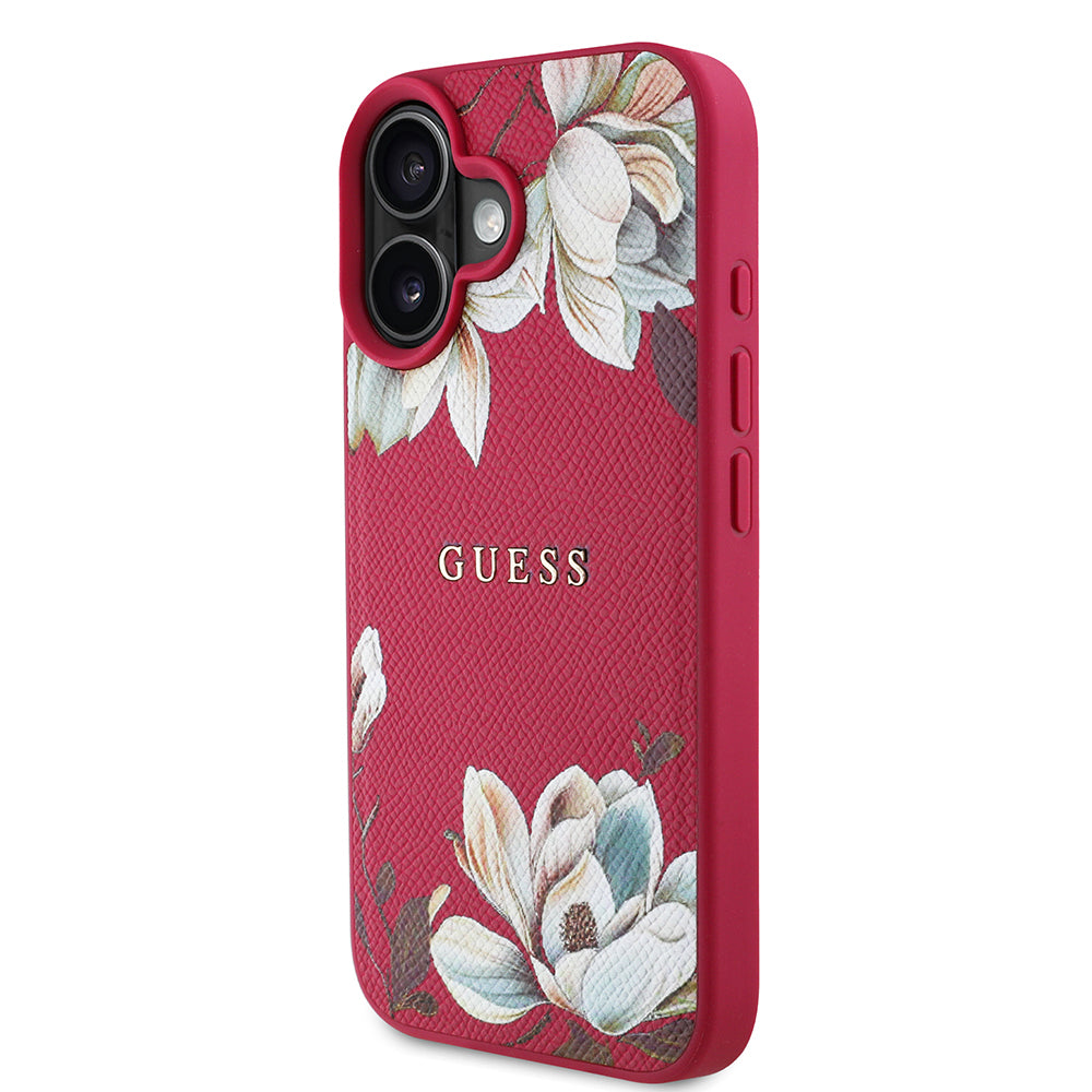 iPhone 16 Kılıf Guess Orjinal Lisanslı M-safe Şarj Özellikli Taneli Çiçek Tasarımlı Metal Yazı Logolu Kapak
