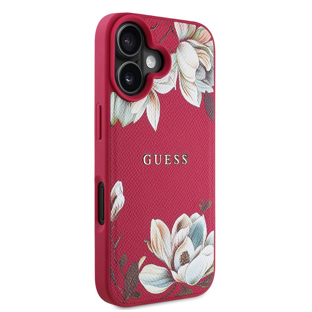 iPhone 16 Kılıf Guess Orjinal Lisanslı M-safe Şarj Özellikli Taneli Çiçek Tasarımlı Metal Yazı Logolu Kapak