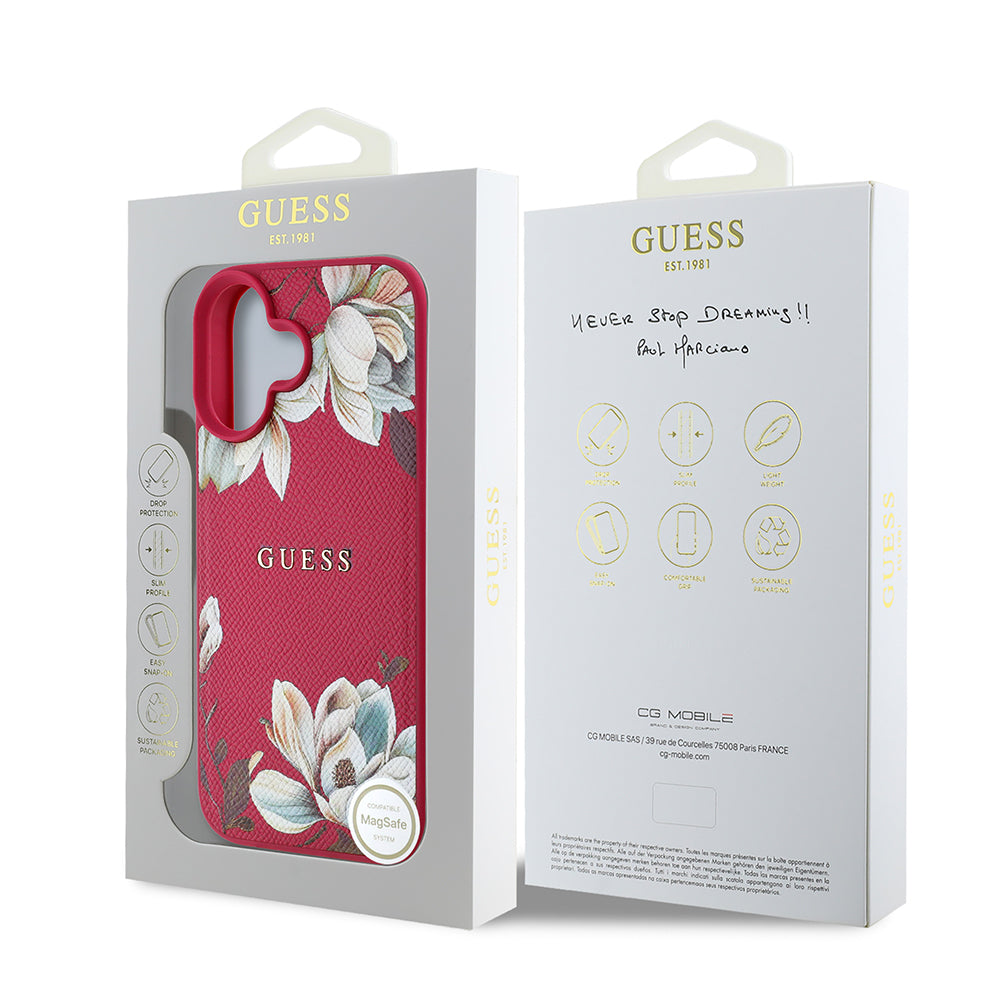 iPhone 16 Kılıf Guess Orjinal Lisanslı M-safe Şarj Özellikli Taneli Çiçek Tasarımlı Metal Yazı Logolu Kapak