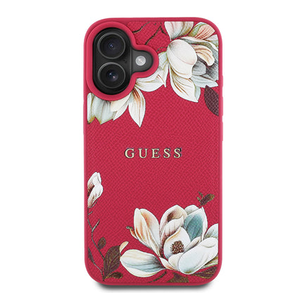 iPhone 16 Kılıf Guess Orjinal Lisanslı M-safe Şarj Özellikli Taneli Çiçek Tasarımlı Metal Yazı Logolu Kapak