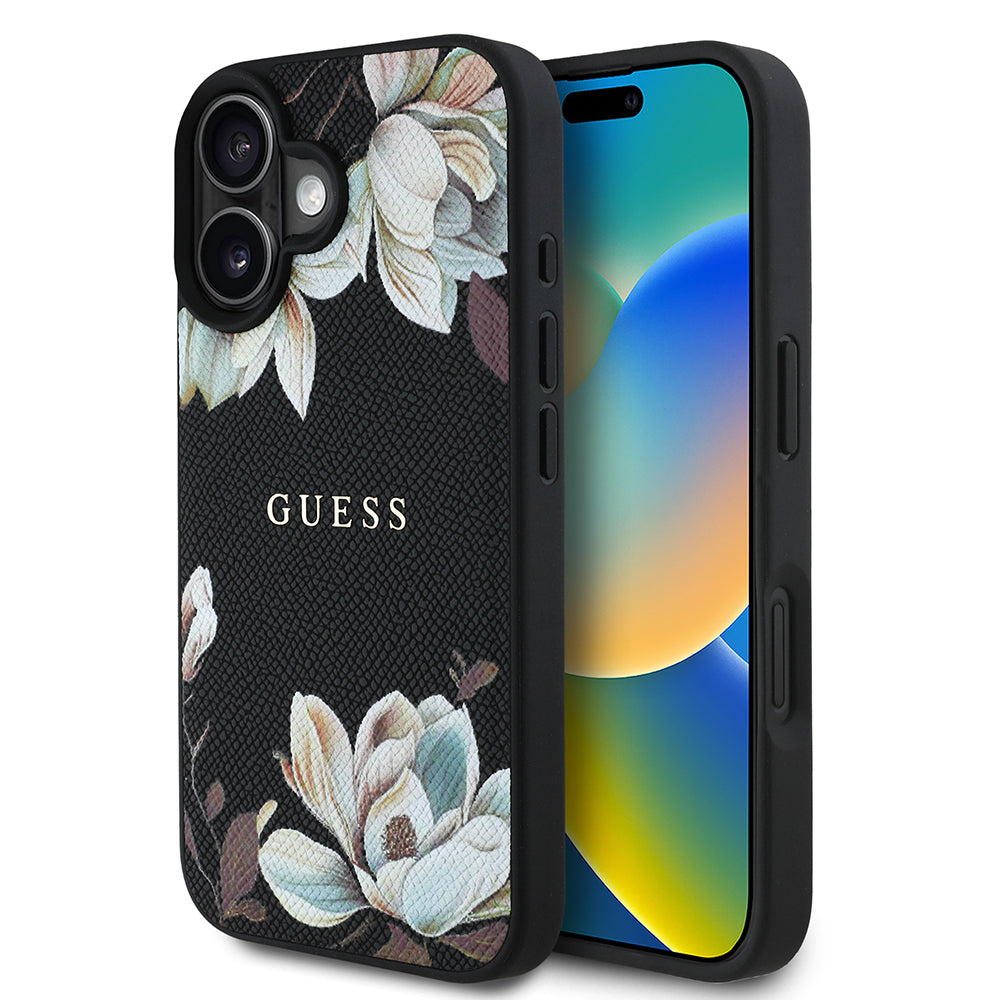 iPhone 16 Kılıf Guess Orjinal Lisanslı M-safe Şarj Özellikli Taneli Çiçek Tasarımlı Metal Yazı Logolu Kapak