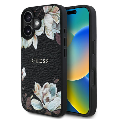 iPhone 16 Kılıf Guess Orjinal Lisanslı M-safe Şarj Özellikli Taneli Çiçek Tasarımlı Metal Yazı Logolu Kapak