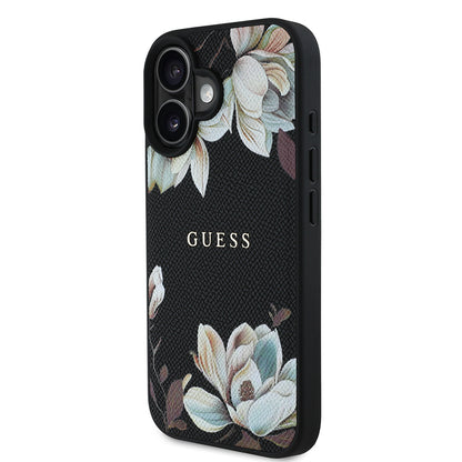 iPhone 16 Kılıf Guess Orjinal Lisanslı M-safe Şarj Özellikli Taneli Çiçek Tasarımlı Metal Yazı Logolu Kapak