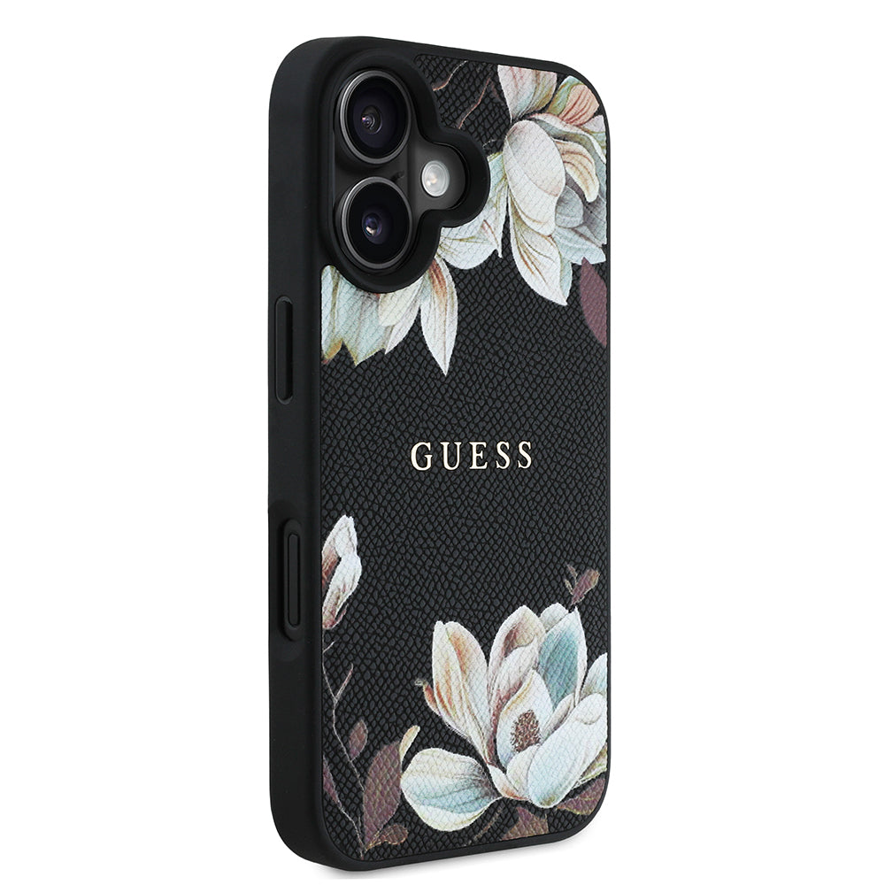 iPhone 16 Kılıf Guess Orjinal Lisanslı M-safe Şarj Özellikli Taneli Çiçek Tasarımlı Metal Yazı Logolu Kapak
