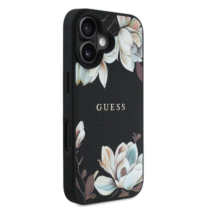iPhone 16 Kılıf Guess Orjinal Lisanslı M-safe Şarj Özellikli Taneli Çiçek Tasarımlı Metal Yazı Logolu Kapak