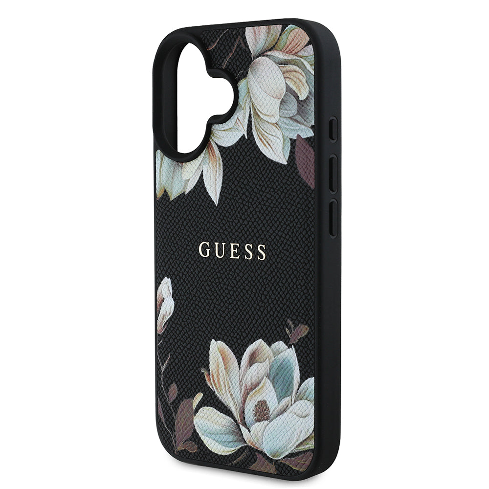 iPhone 16 Kılıf Guess Orjinal Lisanslı M-safe Şarj Özellikli Taneli Çiçek Tasarımlı Metal Yazı Logolu Kapak