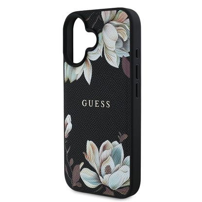 iPhone 16 Kılıf Guess Orjinal Lisanslı M-safe Şarj Özellikli Taneli Çiçek Tasarımlı Metal Yazı Logolu Kapak