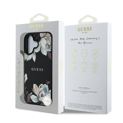 iPhone 16 Kılıf Guess Orjinal Lisanslı M-safe Şarj Özellikli Taneli Çiçek Tasarımlı Metal Yazı Logolu Kapak