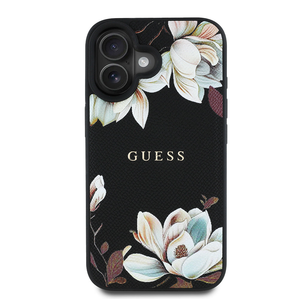 iPhone 16 Kılıf Guess Orjinal Lisanslı M-safe Şarj Özellikli Taneli Çiçek Tasarımlı Metal Yazı Logolu Kapak