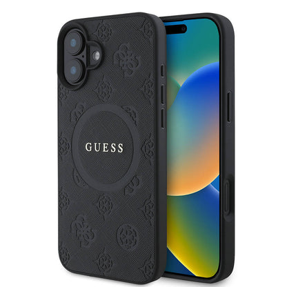 iPhone 16 Kılıf Guess Orjinal Lisanslı M-safe Şarj Özellikli Yazı Logolu Saffiano Peony Kapak