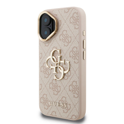 iPhone 16 Kılıf Guess Orjinal Lisanslı PU Deri 4G Desenli Metal Büyük 4G ve Yazı Logolu Kamera Standlı Kapak