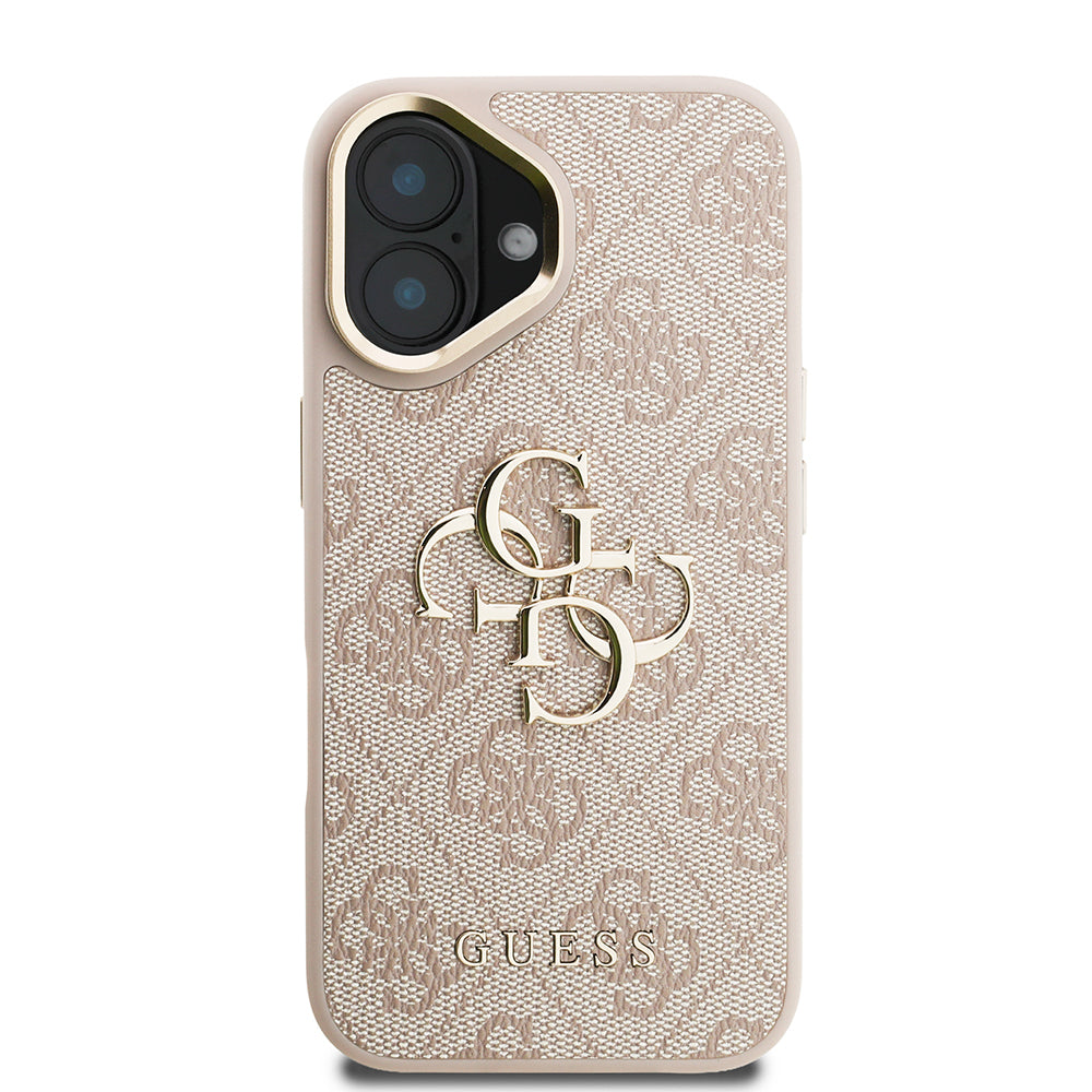 iPhone 16 Kılıf Guess Orjinal Lisanslı PU Deri 4G Desenli Metal Büyük 4G ve Yazı Logolu Kamera Standlı Kapak