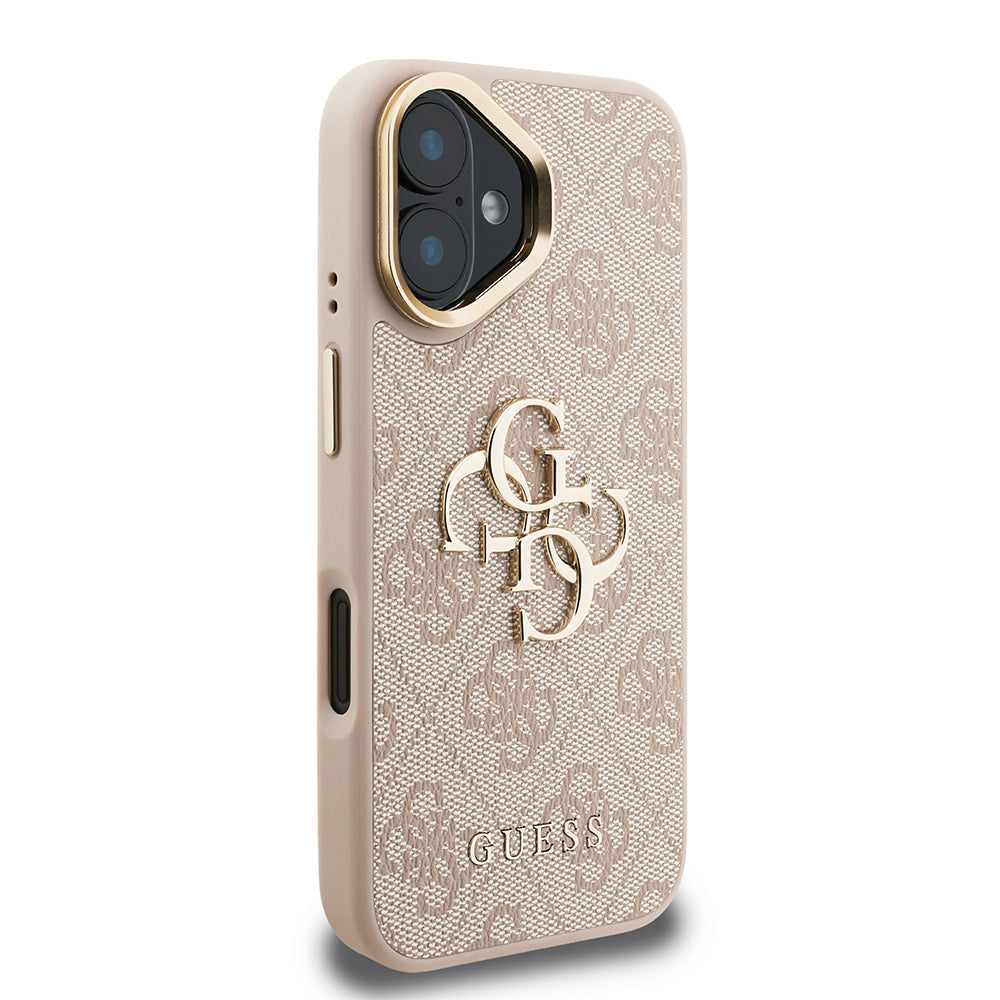iPhone 16 Kılıf Guess Orjinal Lisanslı PU Deri 4G Desenli Metal Büyük 4G ve Yazı Logolu Kamera Standlı Kapak