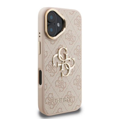 iPhone 16 Kılıf Guess Orjinal Lisanslı PU Deri 4G Desenli Metal Büyük 4G ve Yazı Logolu Kamera Standlı Kapak