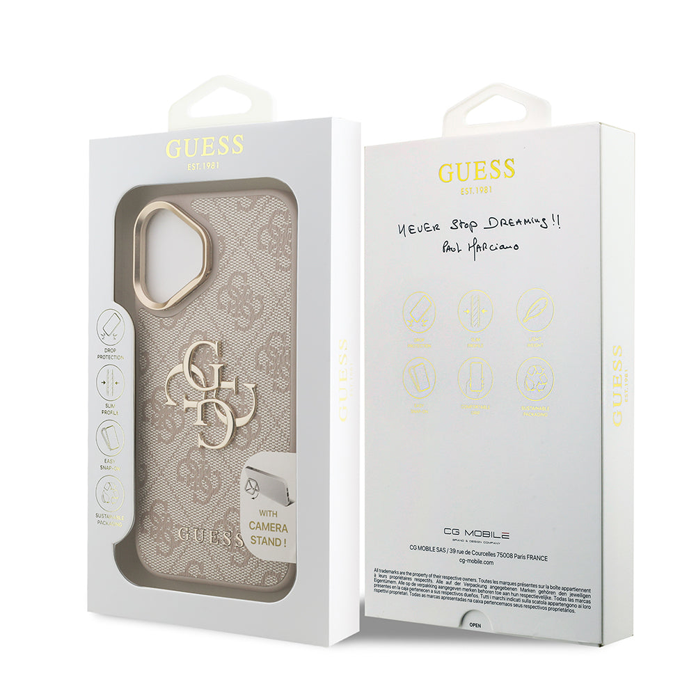 iPhone 16 Kılıf Guess Orjinal Lisanslı PU Deri 4G Desenli Metal Büyük 4G ve Yazı Logolu Kamera Standlı Kapak