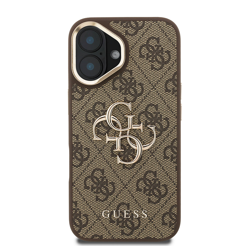 iPhone 16 Kılıf Guess Orjinal Lisanslı PU Deri 4G Desenli Metal Büyük 4G ve Yazı Logolu Kamera Standlı Kapak