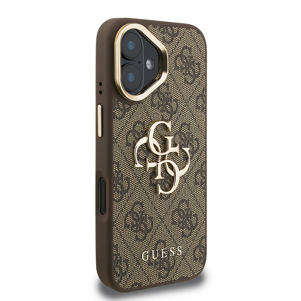 iPhone 16 Kılıf Guess Orjinal Lisanslı PU Deri 4G Desenli Metal Büyük 4G ve Yazı Logolu Kamera Standlı Kapak