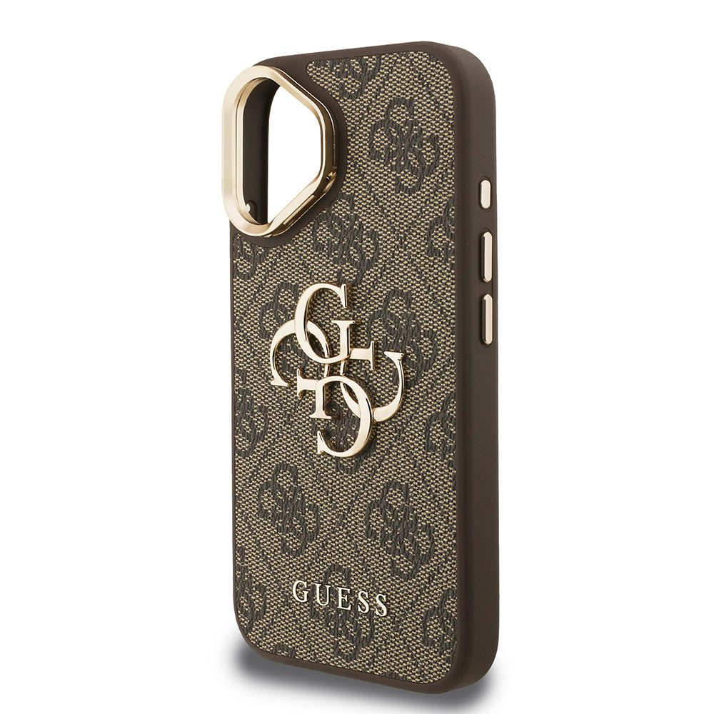 iPhone 16 Kılıf Guess Orjinal Lisanslı PU Deri 4G Desenli Metal Büyük 4G ve Yazı Logolu Kamera Standlı Kapak