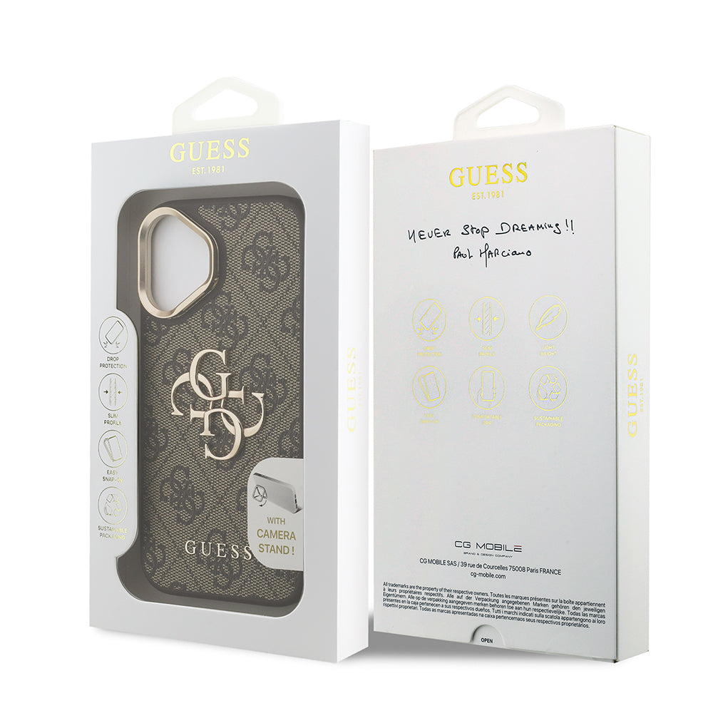 iPhone 16 Kılıf Guess Orjinal Lisanslı PU Deri 4G Desenli Metal Büyük 4G ve Yazı Logolu Kamera Standlı Kapak