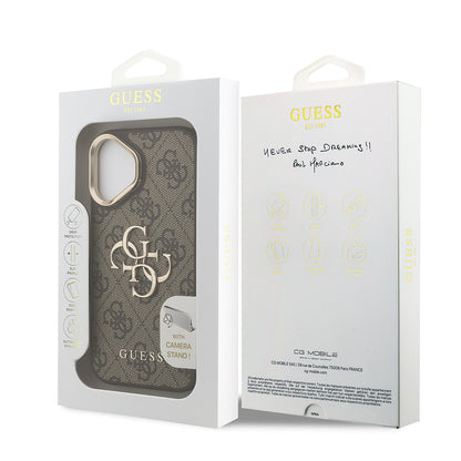 iPhone 16 Kılıf Guess Orjinal Lisanslı PU Deri 4G Desenli Metal Büyük 4G ve Yazı Logolu Kamera Standlı Kapak