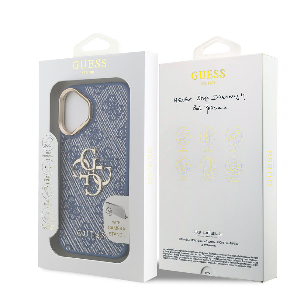 iPhone 16 Kılıf Guess Orjinal Lisanslı PU Deri 4G Desenli Metal Büyük 4G ve Yazı Logolu Kamera Standlı Kapak
